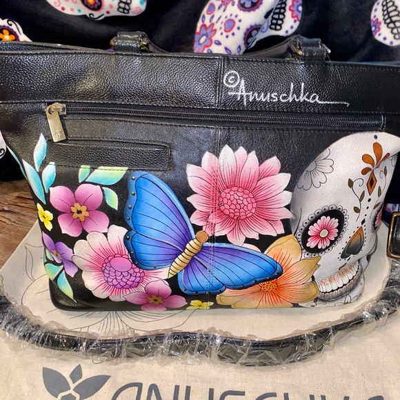 New ANUSCHKA SUGAR SKULL DAY OF DEAD CALAVERAS LEATHER SATCHEL TOTE BAG 3 COMPT - Picture 3 of 12